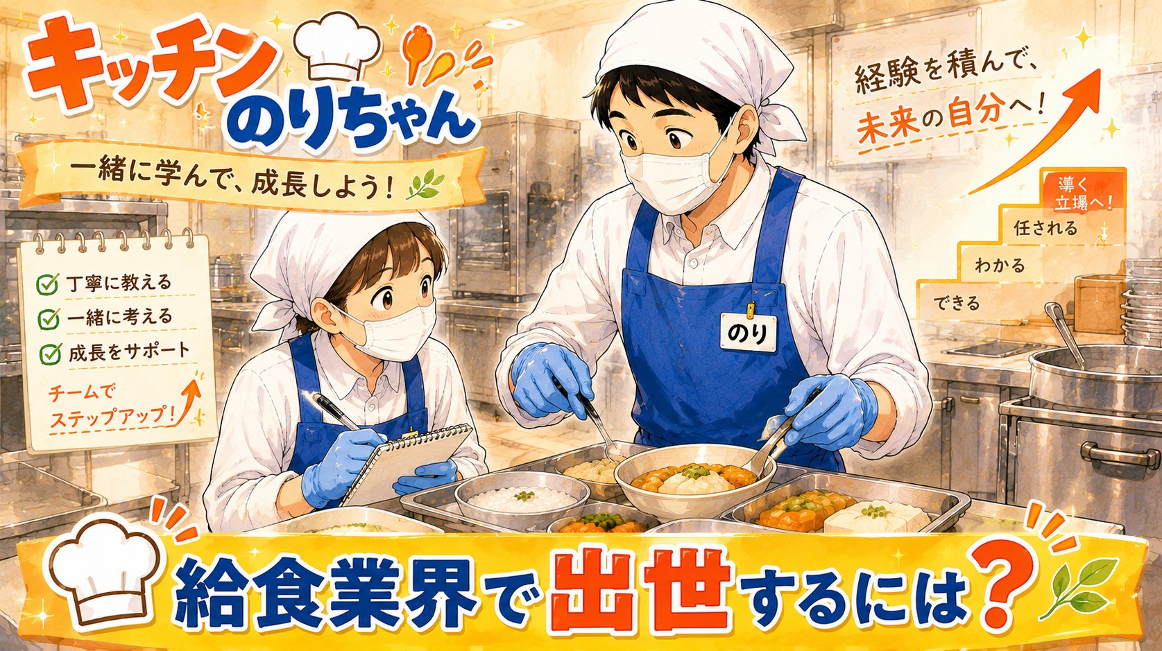 キッチンのりちゃんが新人に仕事を教えている厨房イラスト