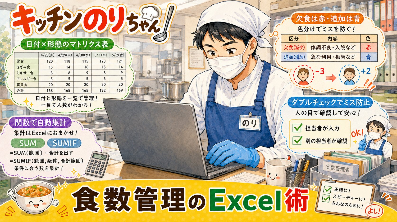 キッチンのりちゃんがノートパソコンで食数管理のExcel表を操作する事務イラスト