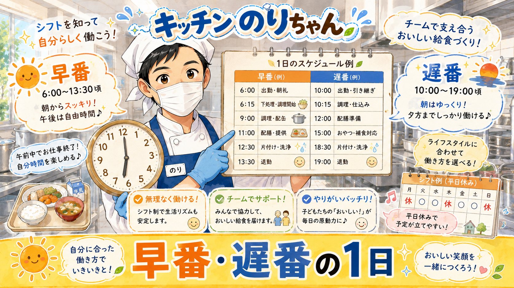 キッチンのりちゃんが時計と1日のスケジュール表を持って早番遅番の働き方を紹介する厨房イラスト