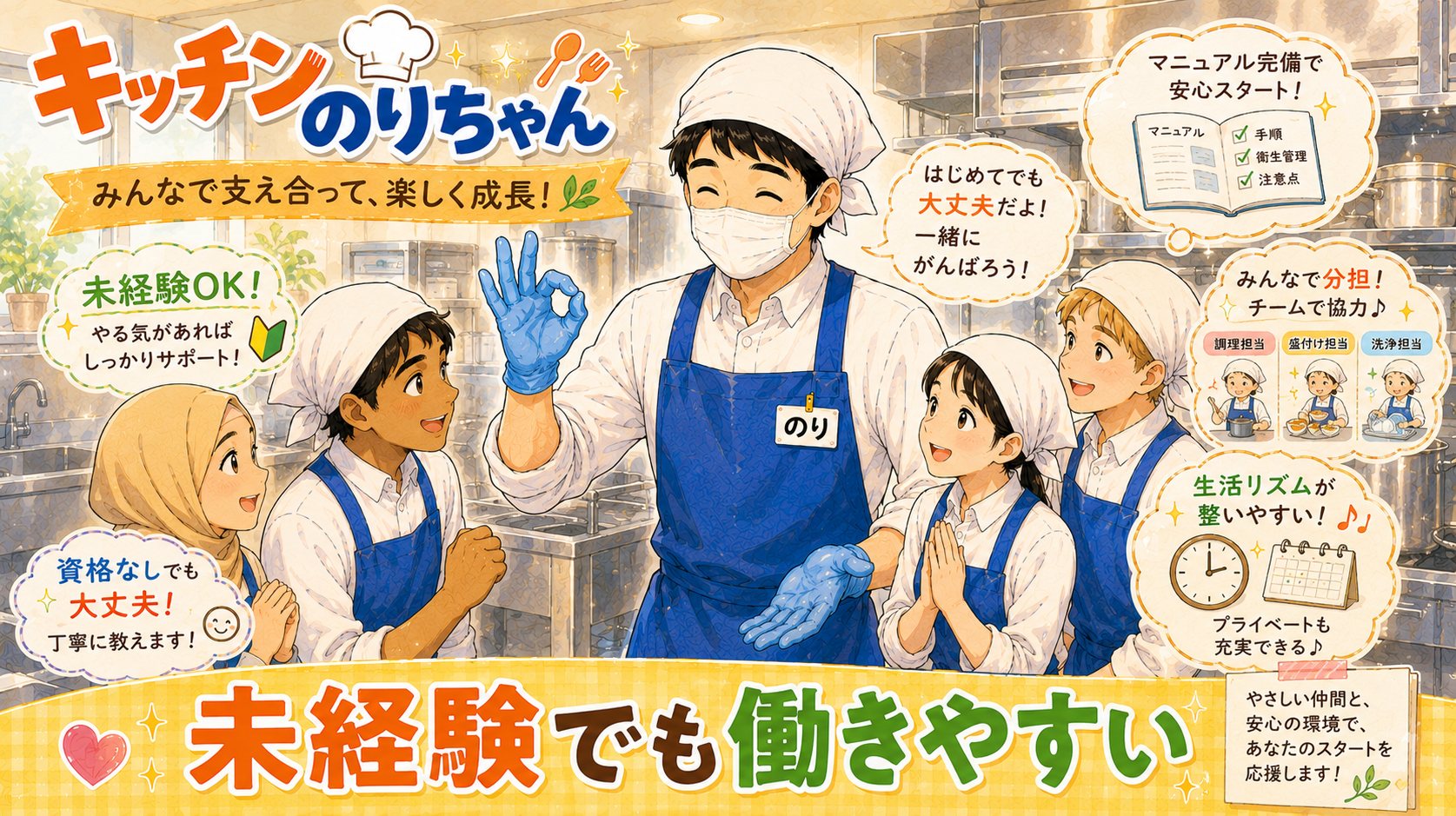 キッチンのりちゃんが未経験の多国籍な新人スタッフを笑顔で迎える厨房イラスト
