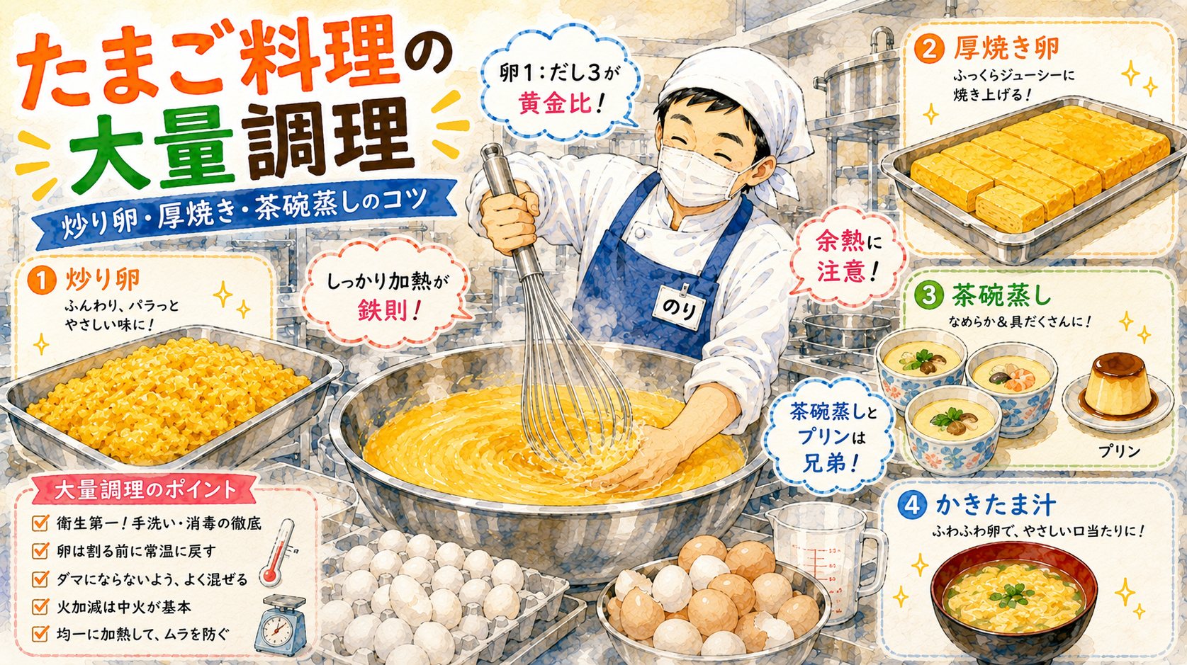 大きな泡立て器で卵液を混ぜるキッチンのりちゃん たまご料理の大量調理