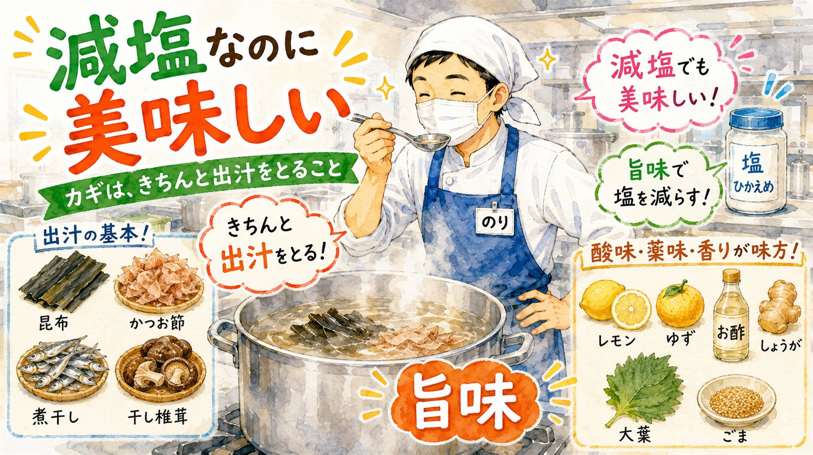 出汁の味をみるキッチンのりちゃん 減塩の工夫