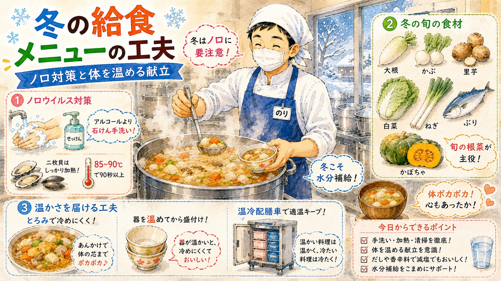 湯気の立つ温かい汁物を作るキッチンのりちゃん 冬の給食メニューの工夫