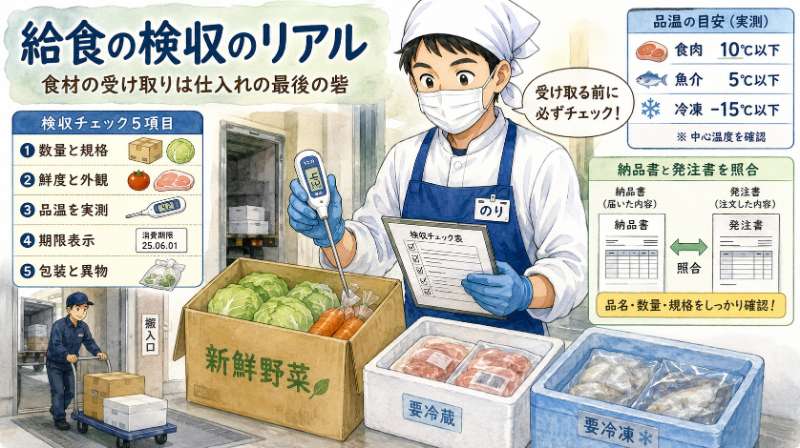 給食の検収 チェック5項目と品温の目安（食肉10℃以下・魚介5℃以下・冷凍-15℃以下）の図解