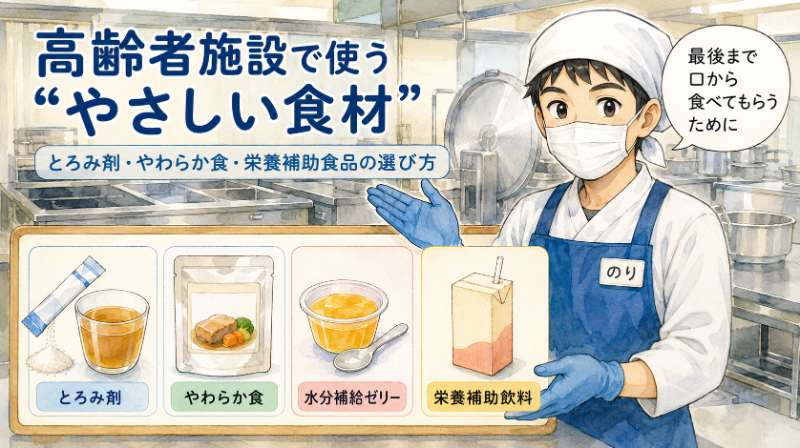 とろみ剤・やわらか食・水分補給ゼリー・栄養補助飲料を紹介するキッチンのりちゃんのイラスト