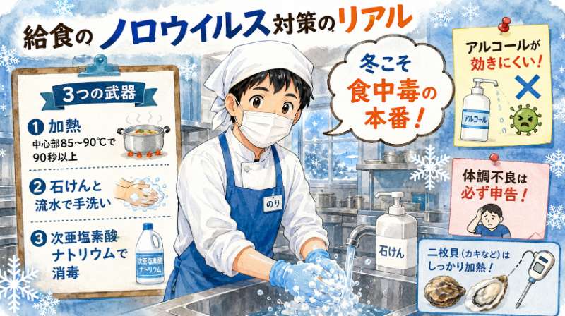 給食のノロウイルス対策 3つの武器（加熱85〜90℃90秒以上・石けんと流水で手洗い・次亜塩素酸ナトリウムで消毒）の図解