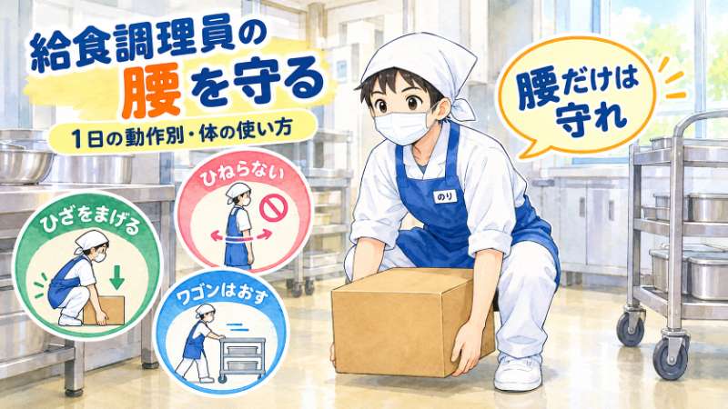 給食調理員の腰を守る【1日の動作別】検収・炊飯・下処理・回転釜・配膳・洗浄でどう体を使うか｜キッチンのりちゃん