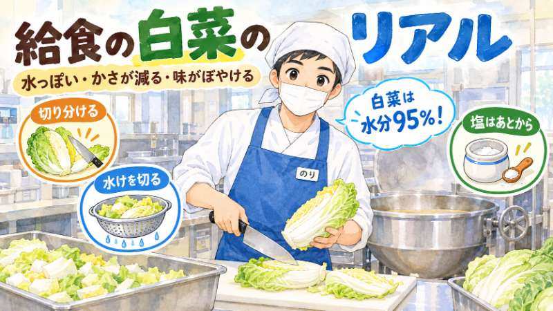 給食の白菜のリアル【大量調理シリーズ第13弾】水っぽい・芯が硬い・かさが減りすぎる｜キッチンのりちゃん