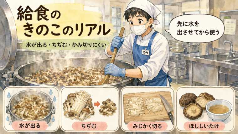 回転釜できのこを炒めるキッチンのりちゃんと、水が出る・ちぢむ・みじかく切る・ほししいたけの図解