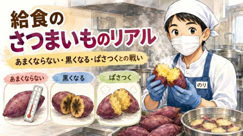 給食のさつまいものリアル｜甘くならない・黒くなる・ぱさつくとの戦いの表紙イラスト