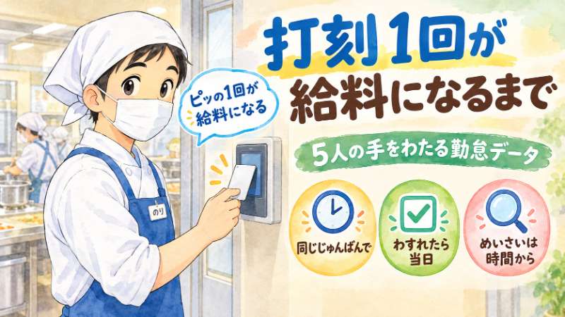 給食会社の打刻、1回のタッチが給料になるまで【5人の手を渡る勤怠データ】｜キッチンのりちゃん